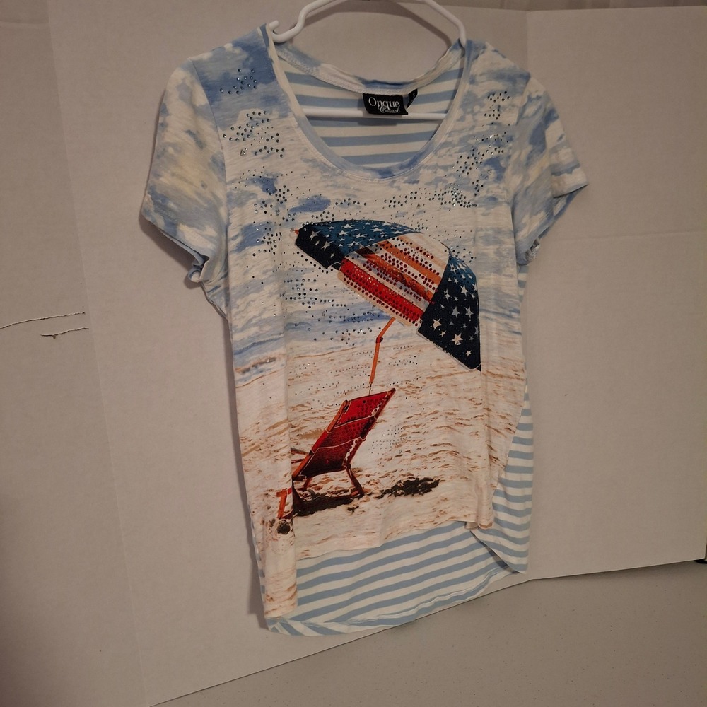 Onque Casual Womens Small Blue White Striped American Flag Beach Rhinestone Tee‎